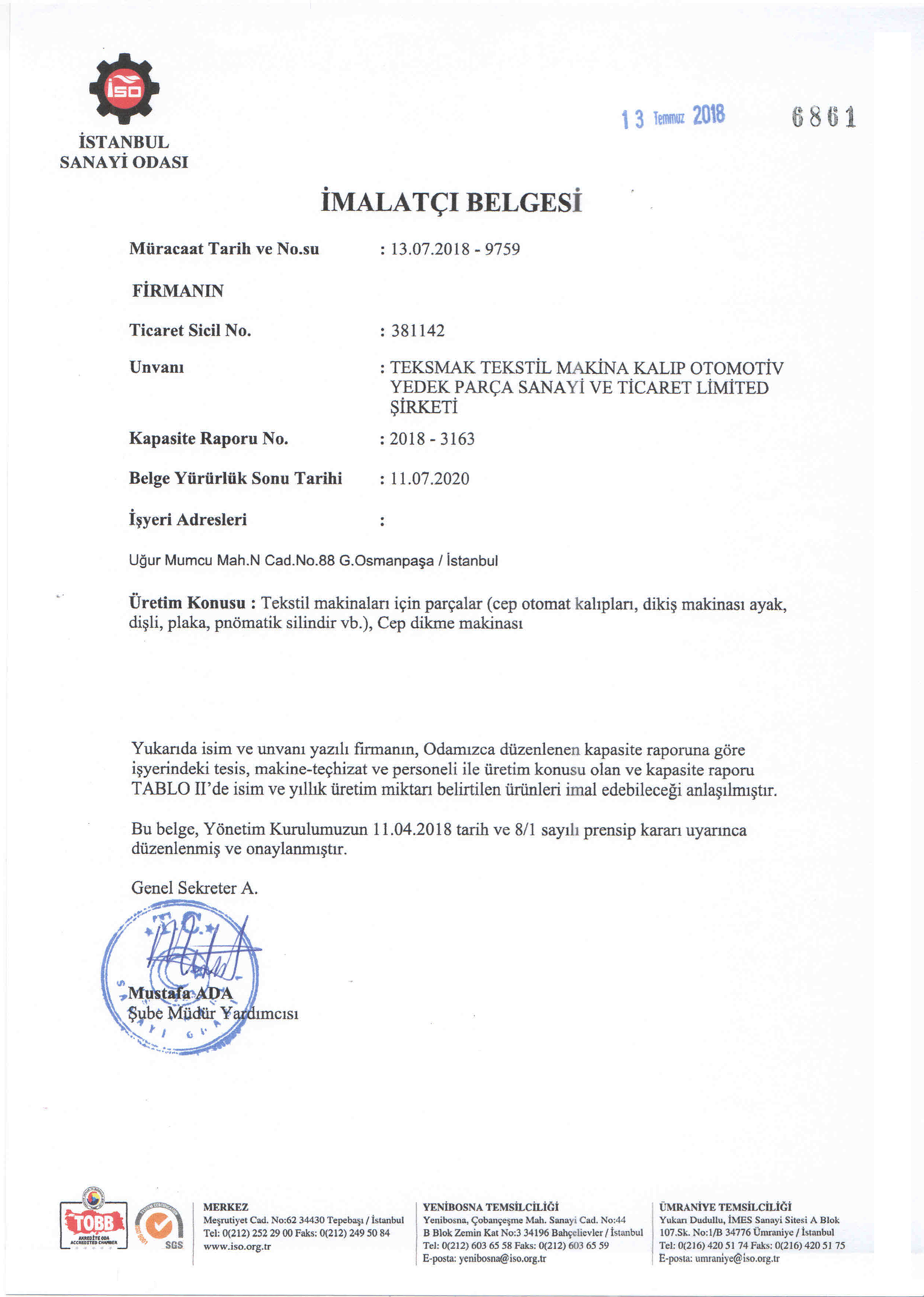  Manufacturer Certificate
